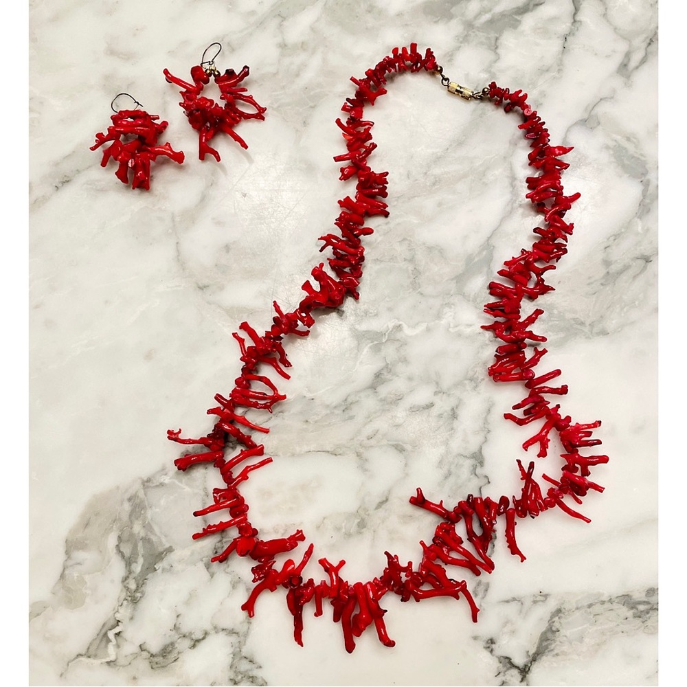 Vintage Estate Red Branch Coral Necklace & Earrings Set